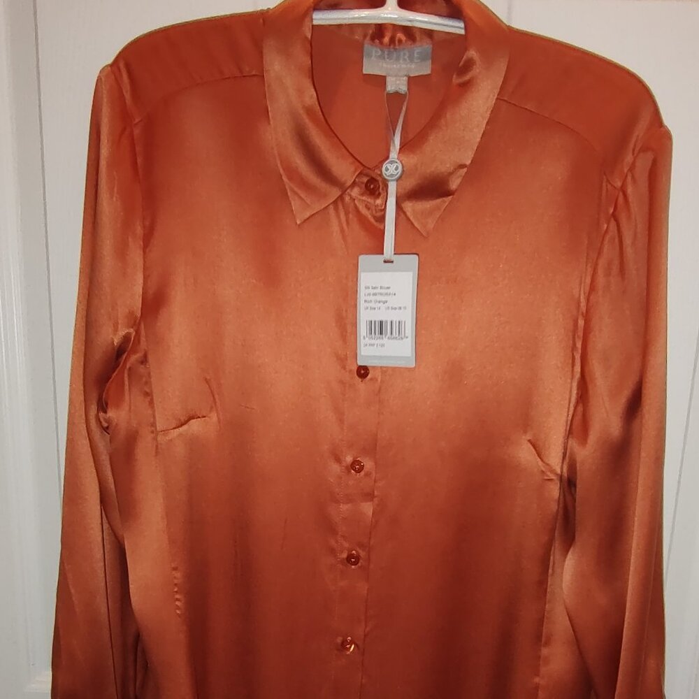 PURE COLLECTION BLOUSE 100% SILK L/SLV BUTTON FRONT RICH BURNT ORANGE  SZ 10 NWT
